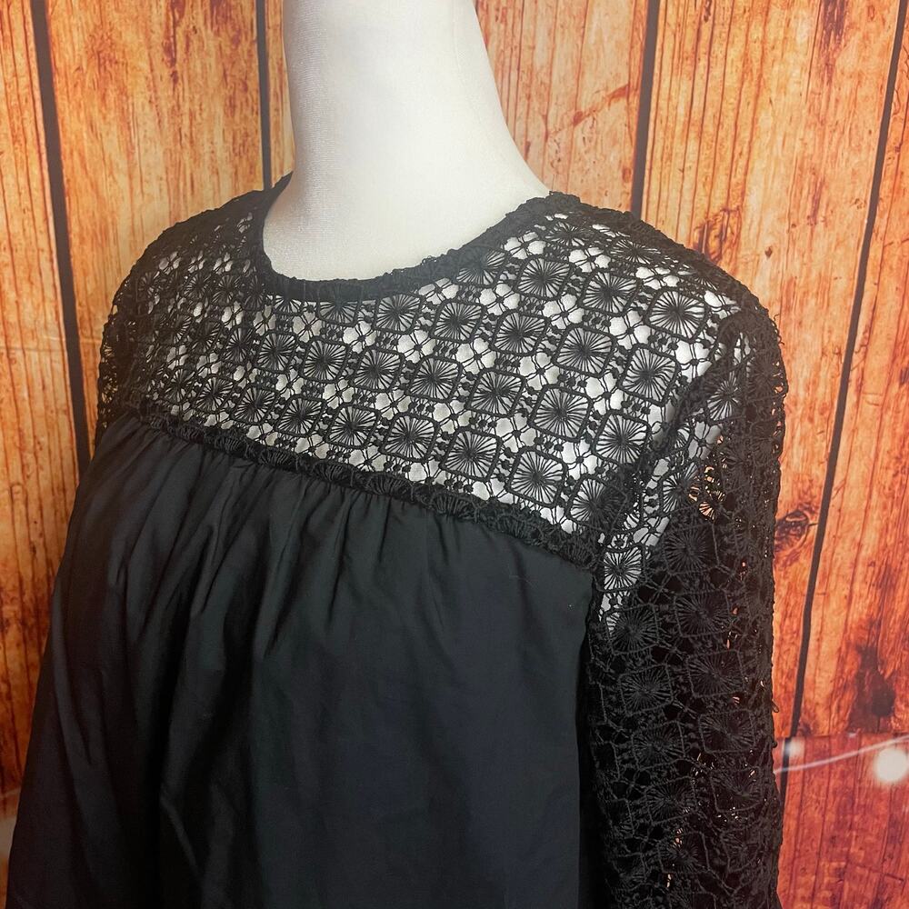 Who What Wear black lace blouse size Small puff cuffs sheer top 100% cotton
